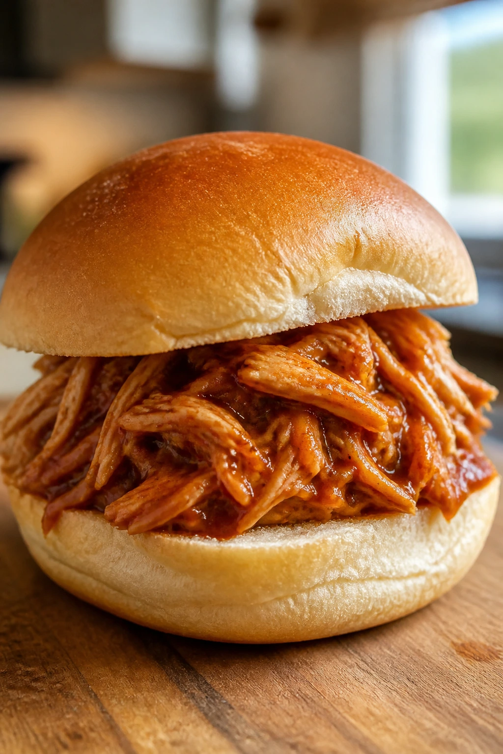Close-up of a pulled chicken slider on a bun in a home kitchen