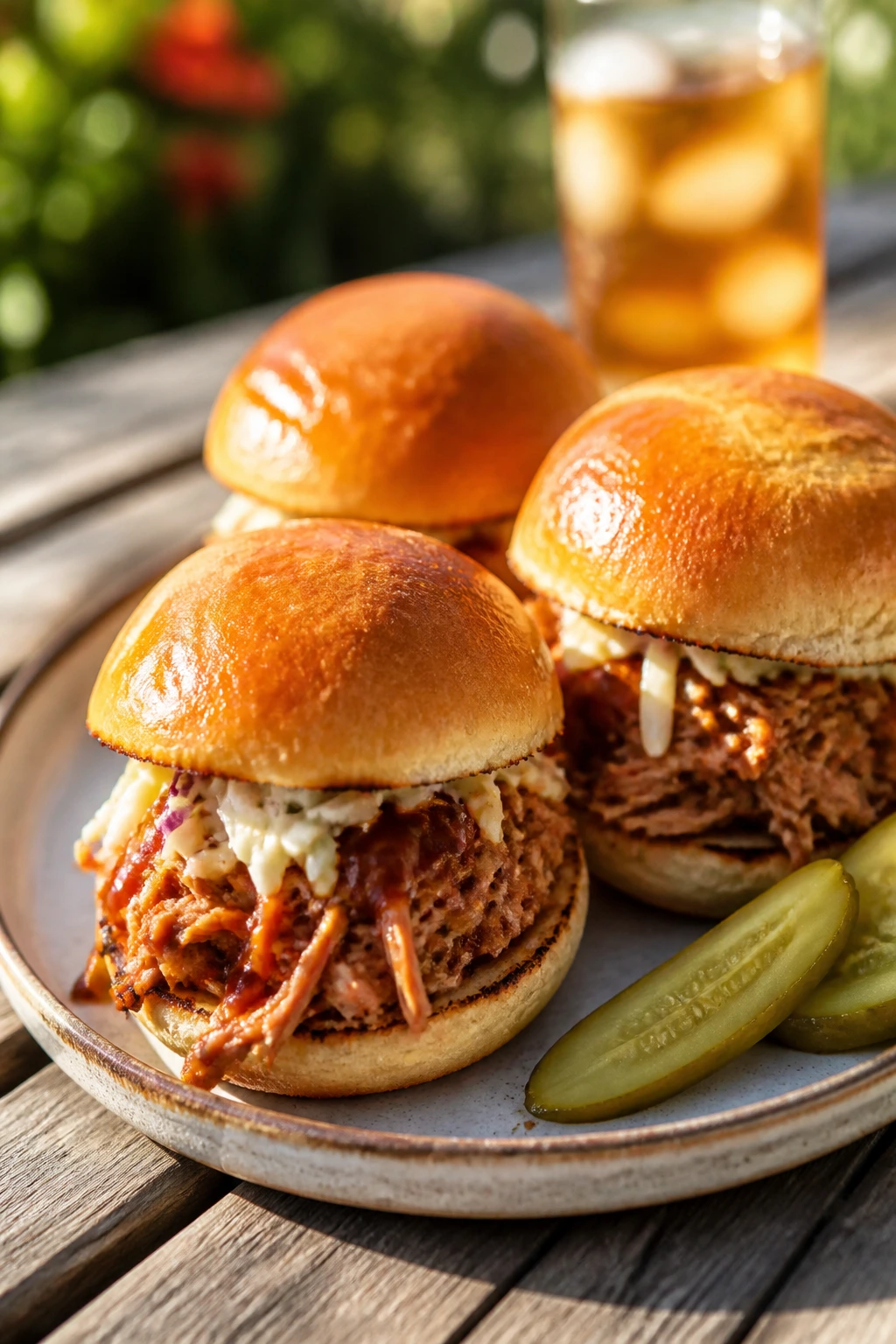 Close-up of BBQ pulled chicken sliders on a rustic plate with slaw and pickles