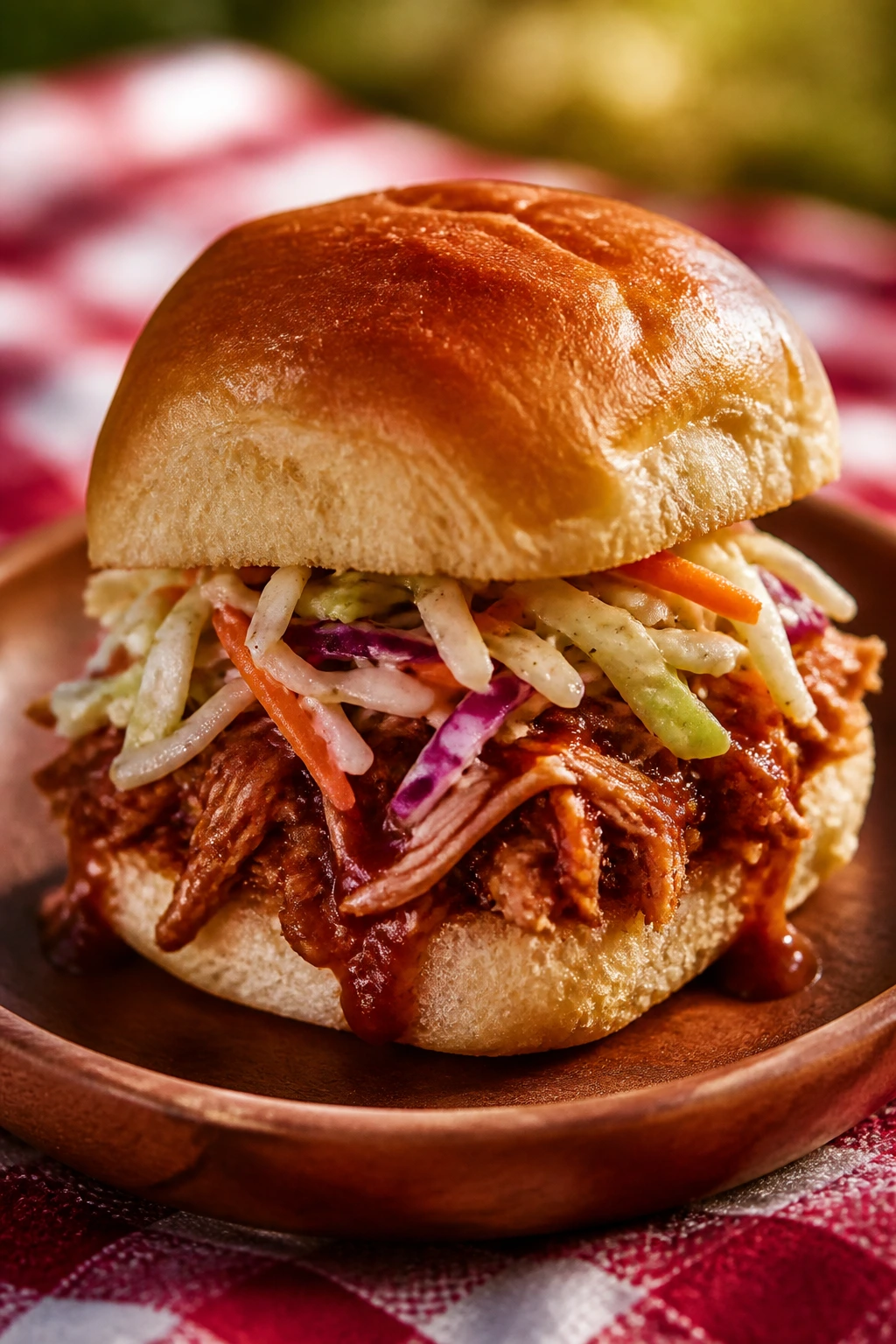 Slider topped with pulled BBQ chicken and crunchy slaw on a wooden plate