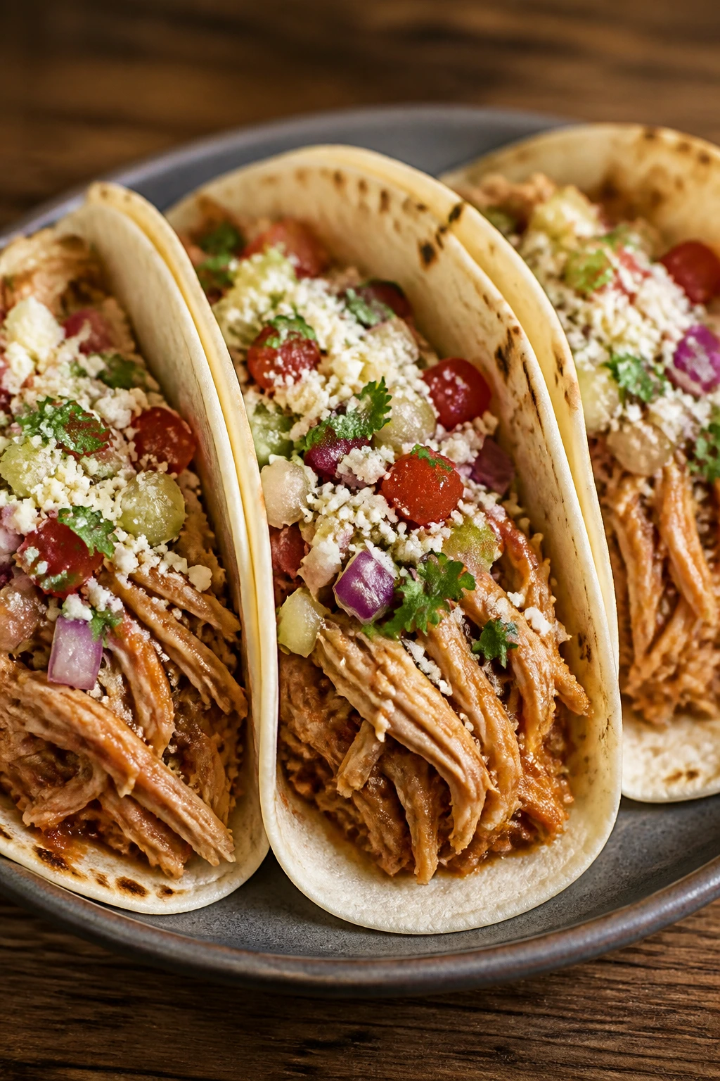 Tacos filled with pulled chicken on a wooden table