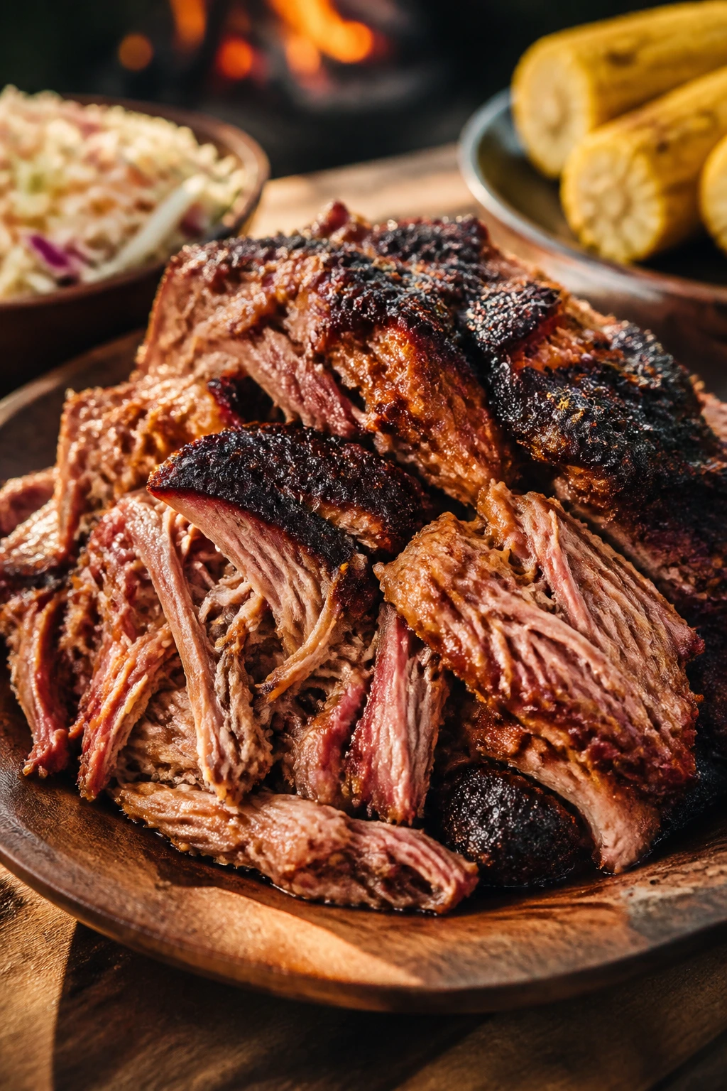Close-up of pulled pork platter on a warm wooden platter in a backyard setting