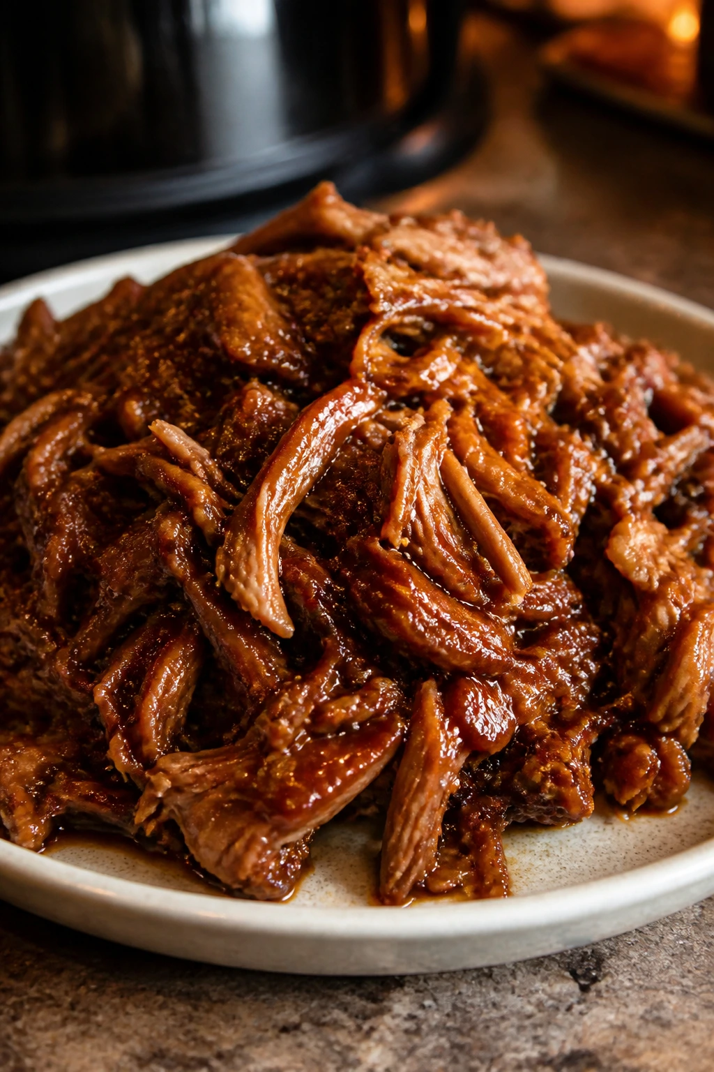 Pulled pork with BBQ sauce on a plate in a kitchen