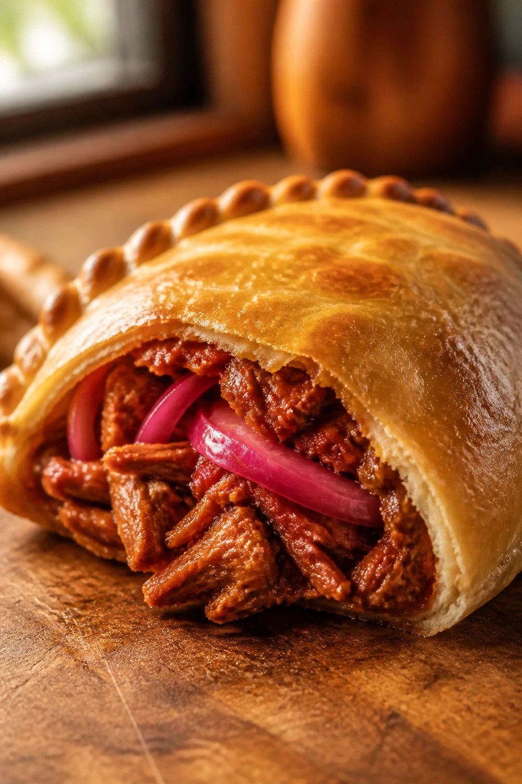 Close-up of pulled pork empanada with pickled onion