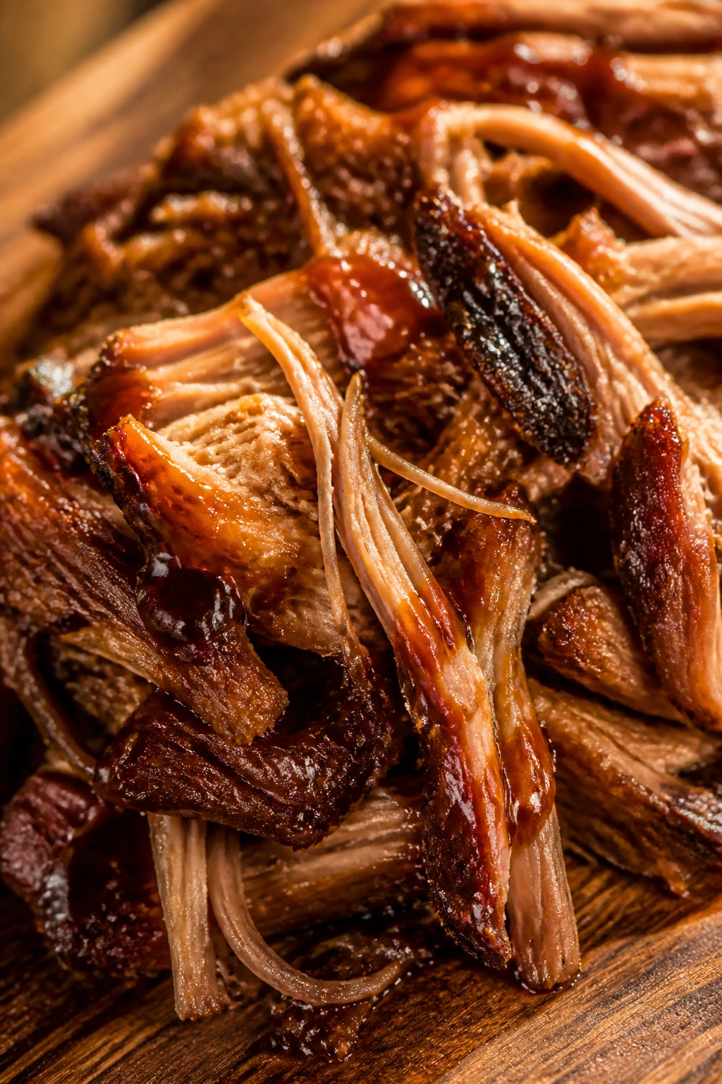 Close-up of juicy pulled pork with brown sugar glaze on wooden board