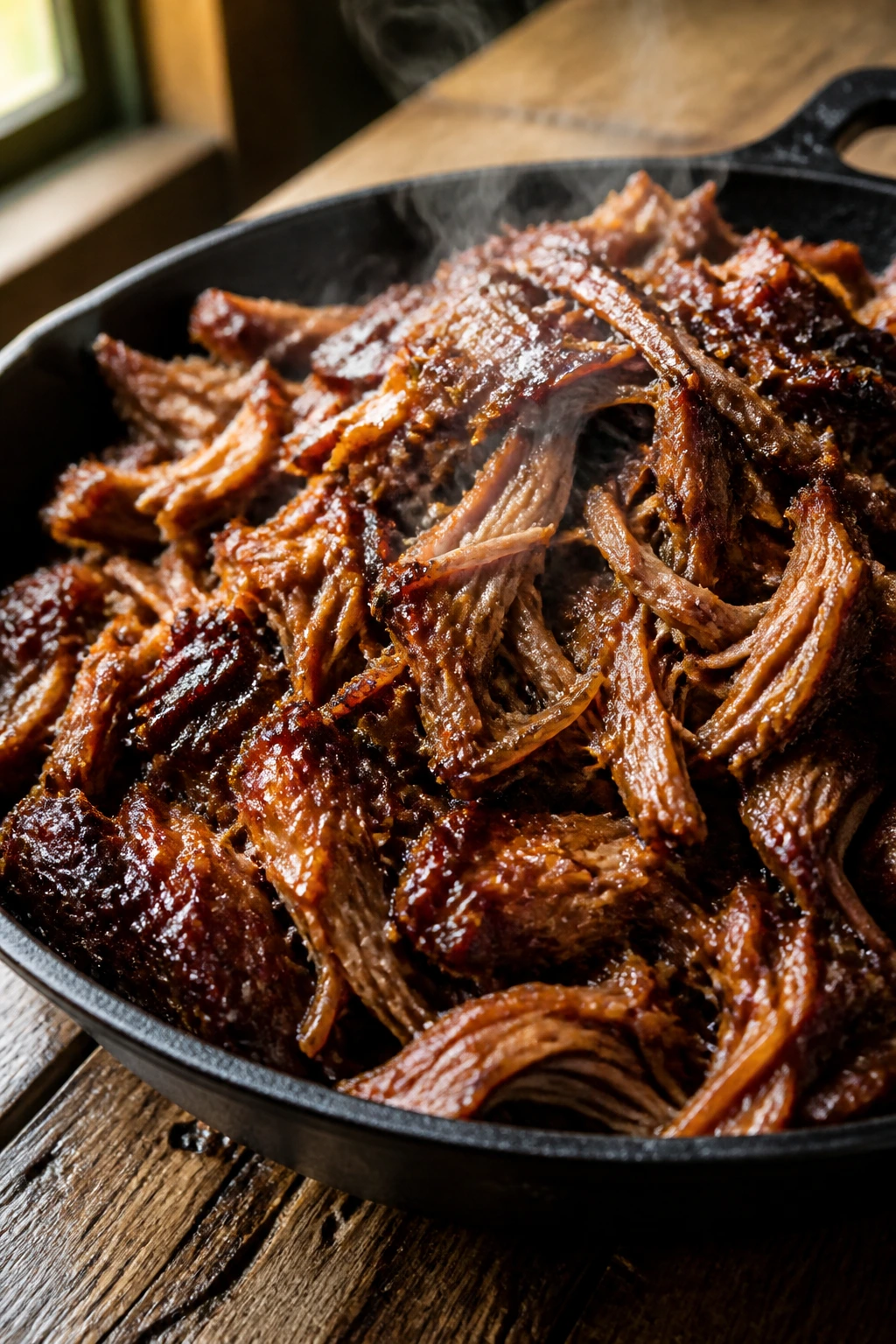 Close-up of juicy pulled pork with glaze in a cast-iron skillet
