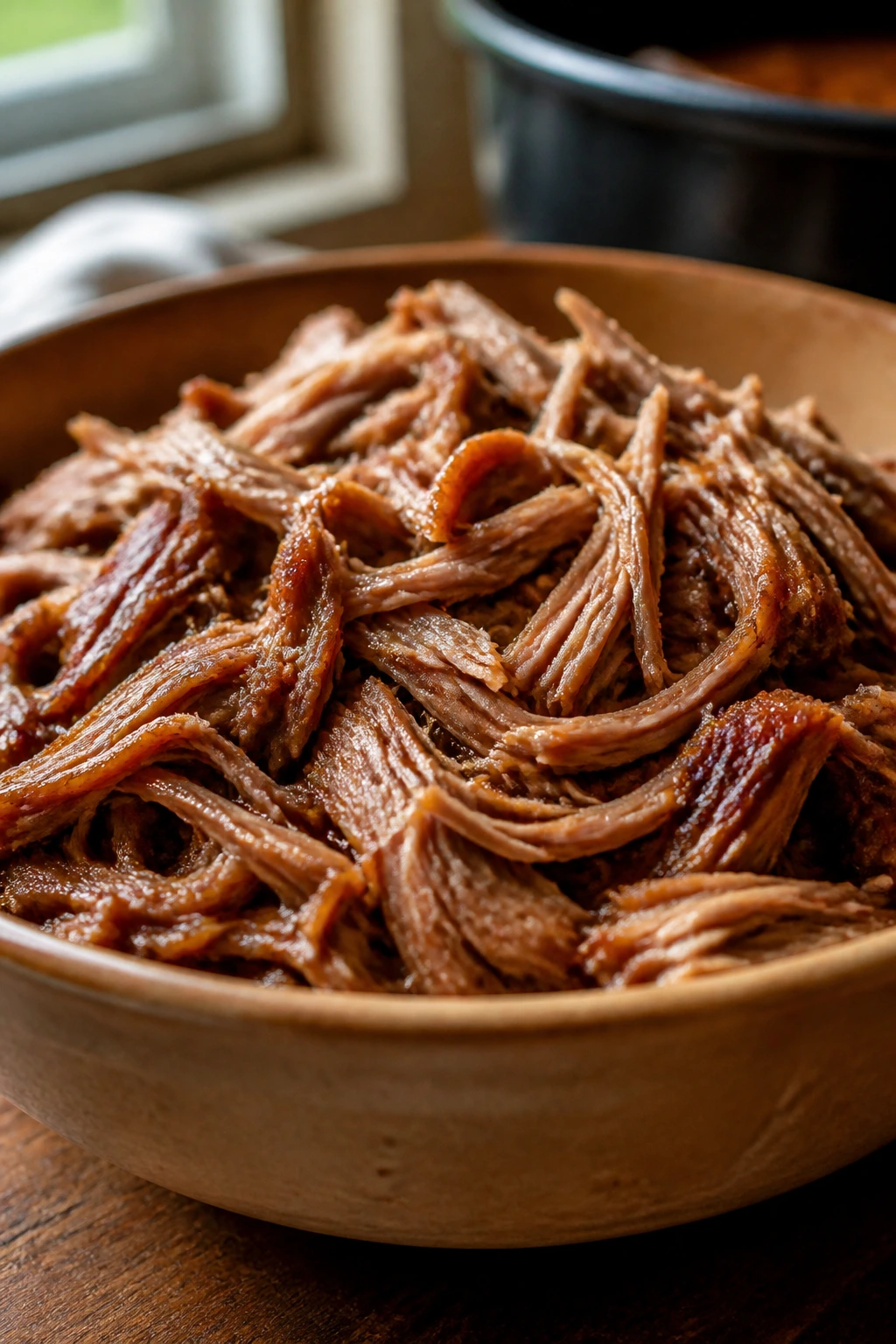 Glossy pulled pork strands in a warm bowl