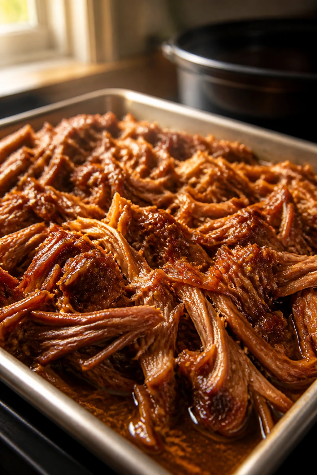 Glossy pulled pork on a sheet pan with visible juices