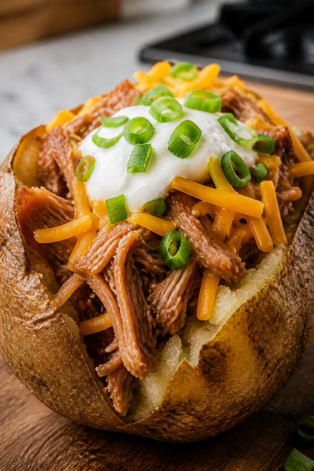 Split russet potato loaded with pulled pork and cheddar in a home kitchen