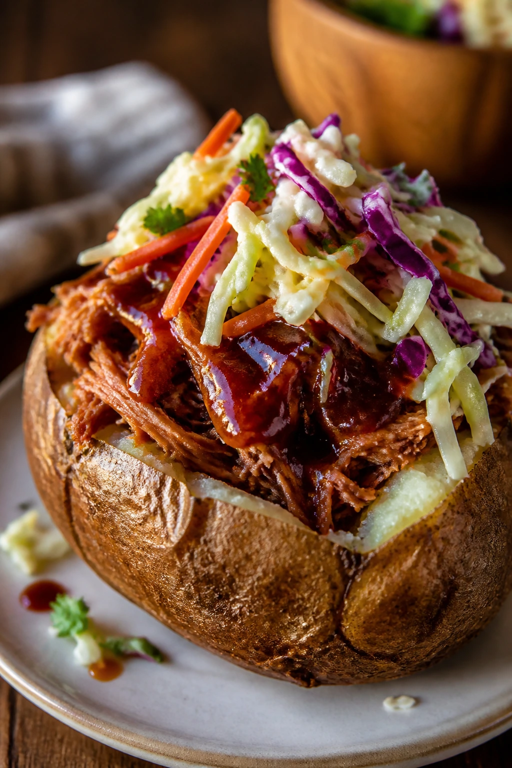 Loaded potato with pulled pork and crunchy slaw