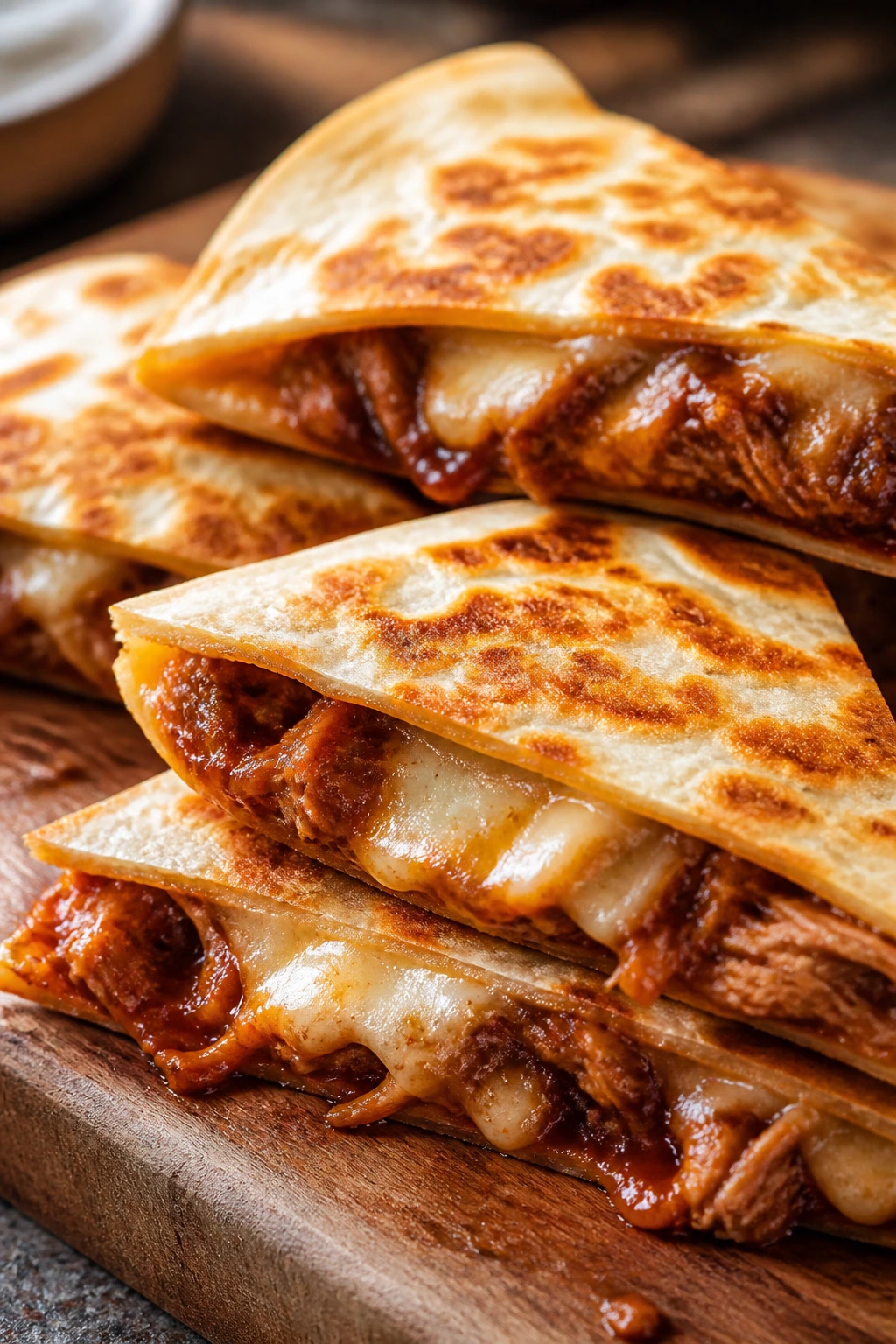 Close-up of crispy pulled pork quesadilla wedges on a wooden board