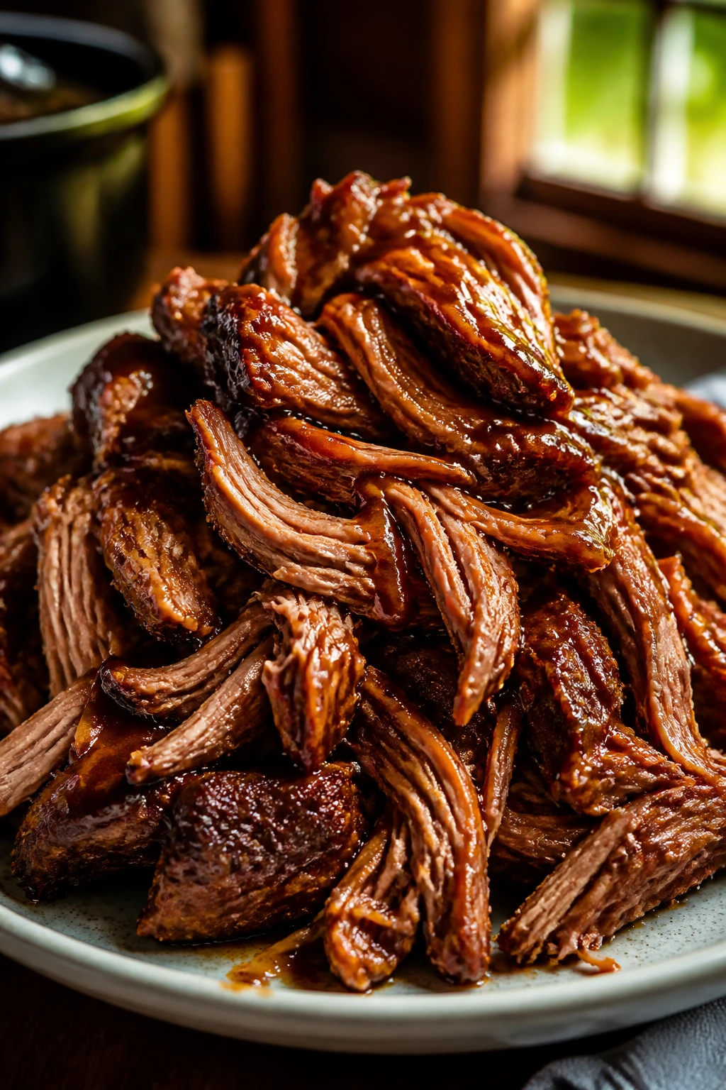 Close-up of fall-apart pulled pork on a plate in a home kitchen