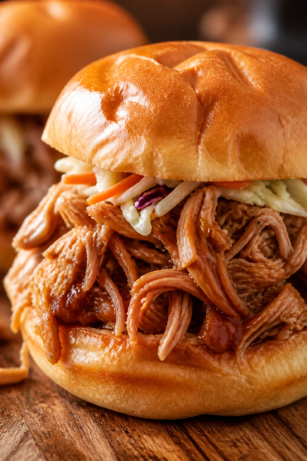 Pulled pork sandwich on a bun with sauce