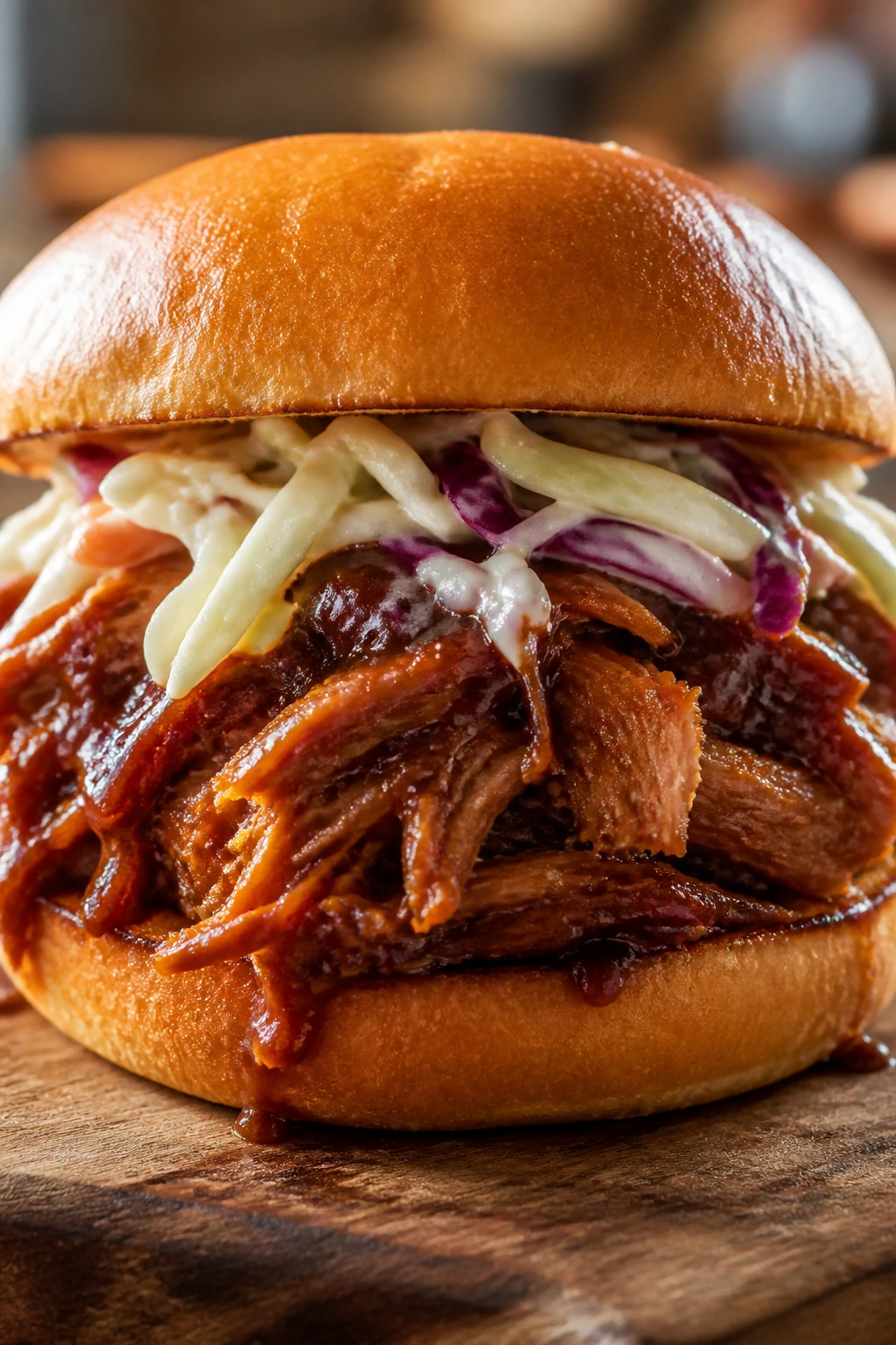 Close-up of pulled pork sandwich with smoky sauce and slaw on brioche bun