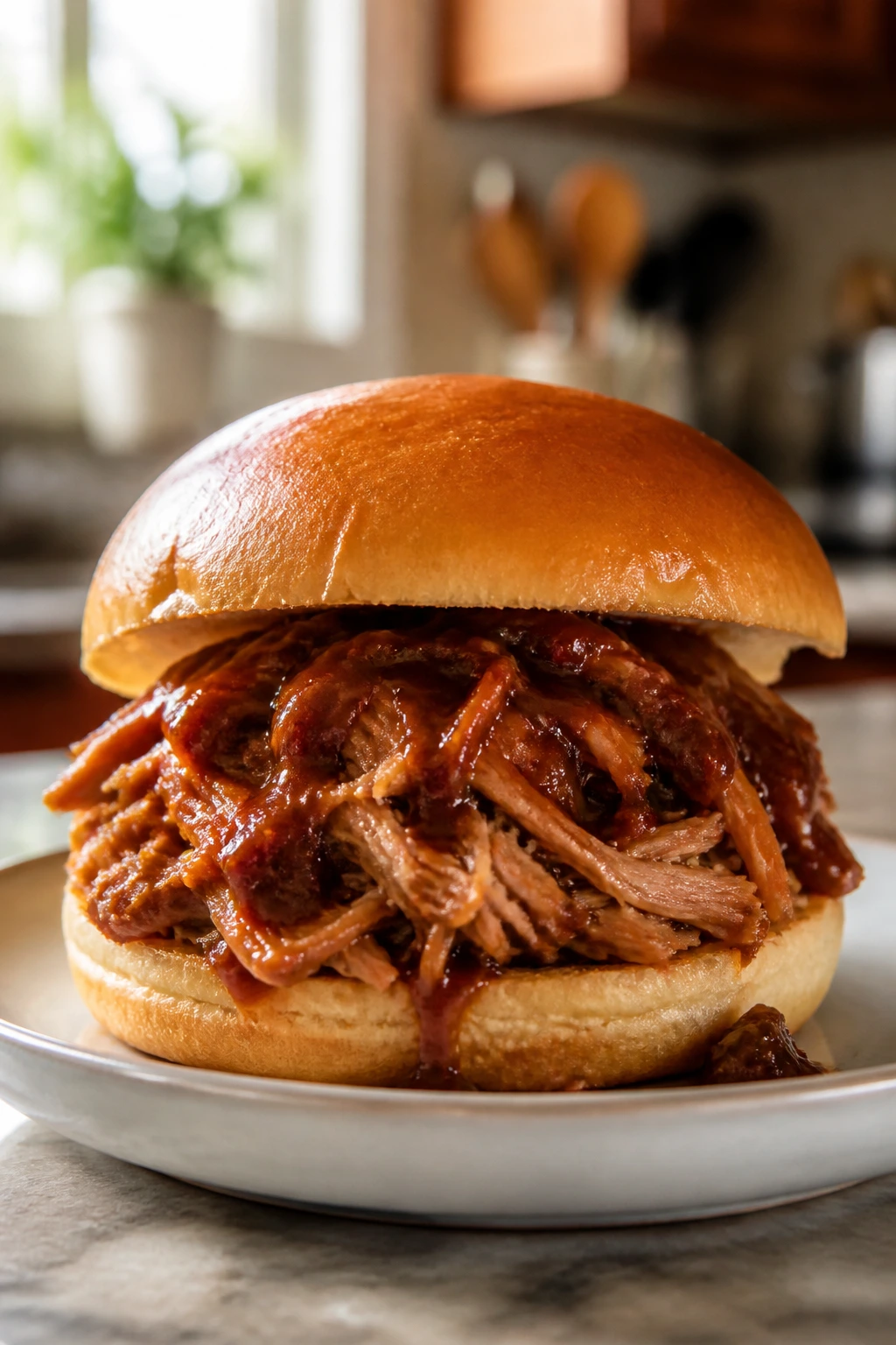 Pulled pork sandwich with barbecue sauce on a bun