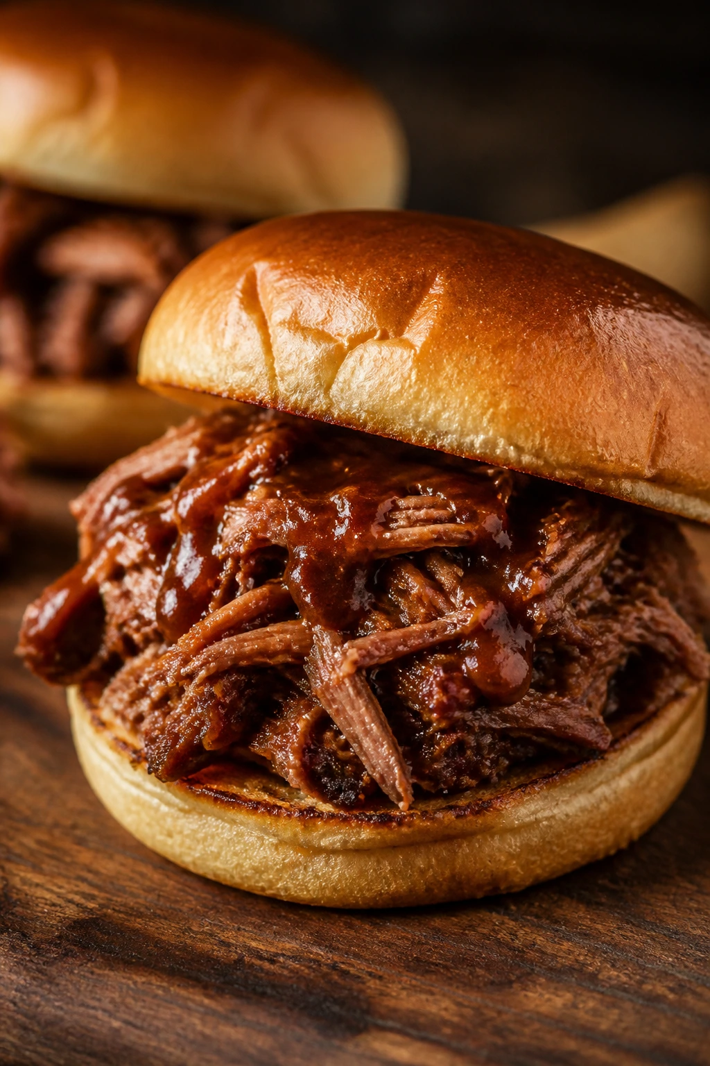 Close-up of a juicy BBQ pulled pork sandwich on a toasted bun in a warm kitchen
