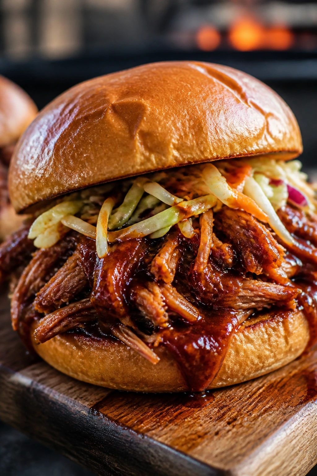 Close-up of a saucy pulled pork sandwich on brioche with BBQ sauce