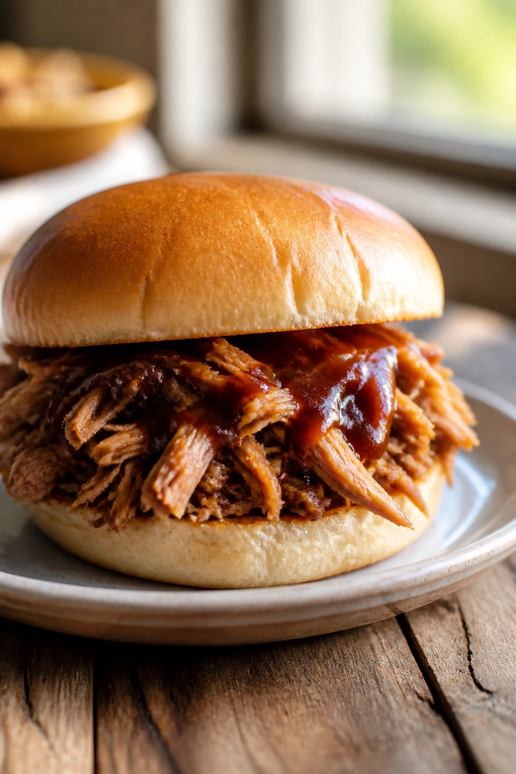 Juicy pulled pork sandwich on a bun with BBQ sauce
