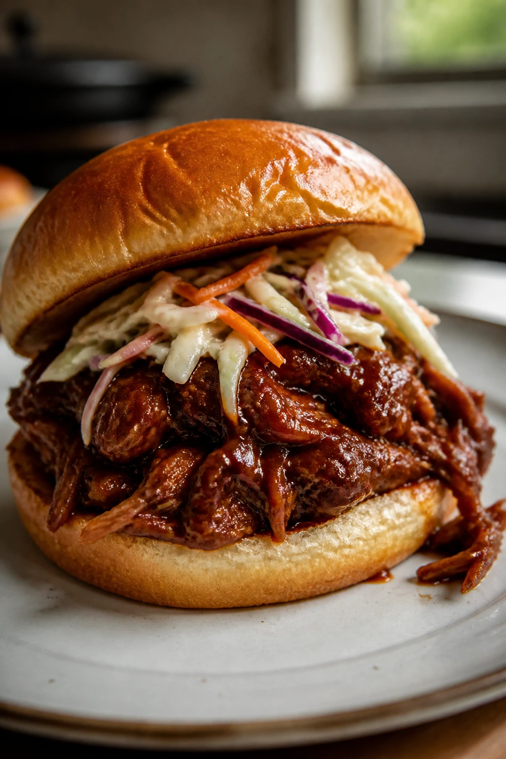 Close-up of BBQ pulled pork sandwich with sauce and slaw