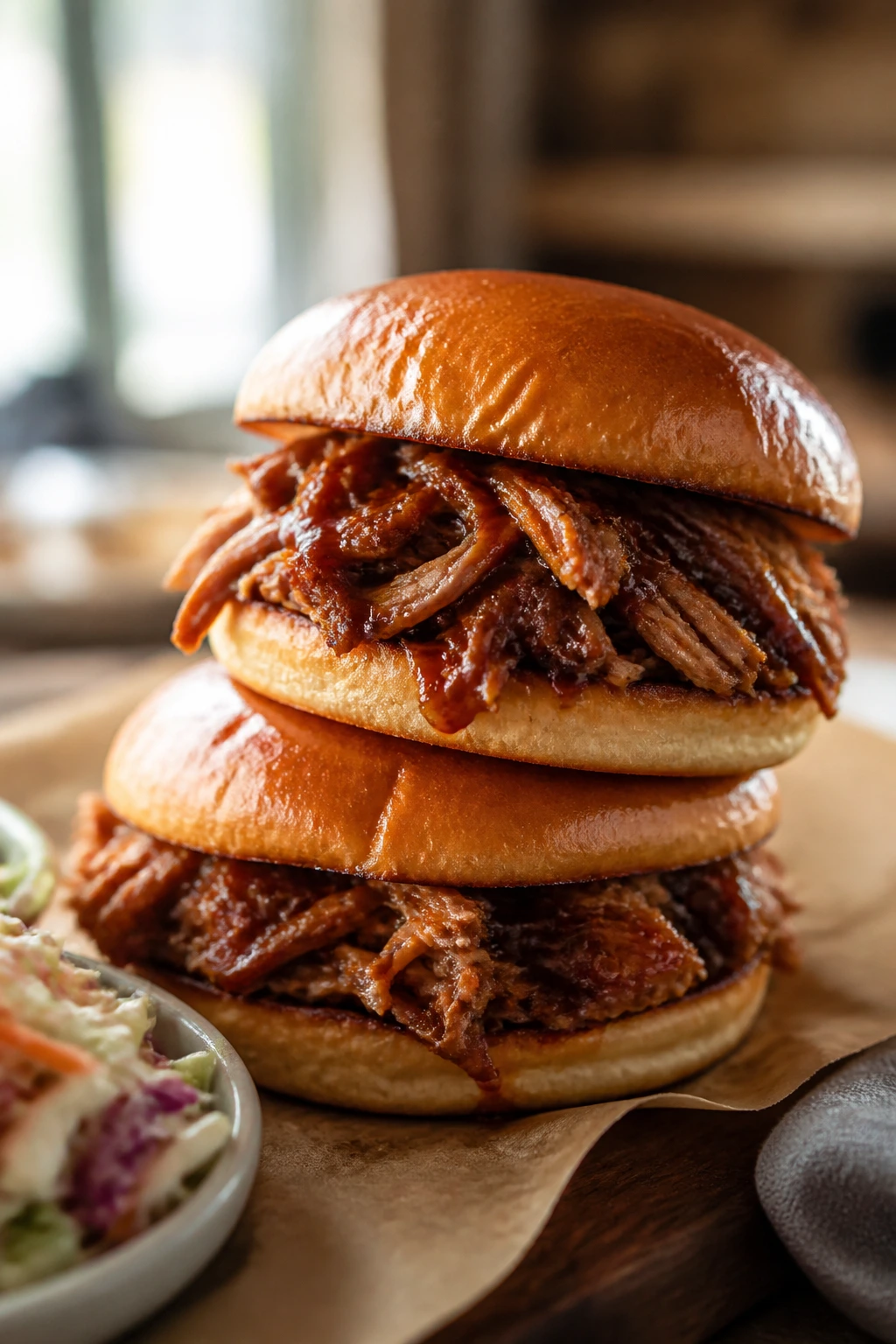 Pulled pork sandwiches with saucy meat in glossy buns