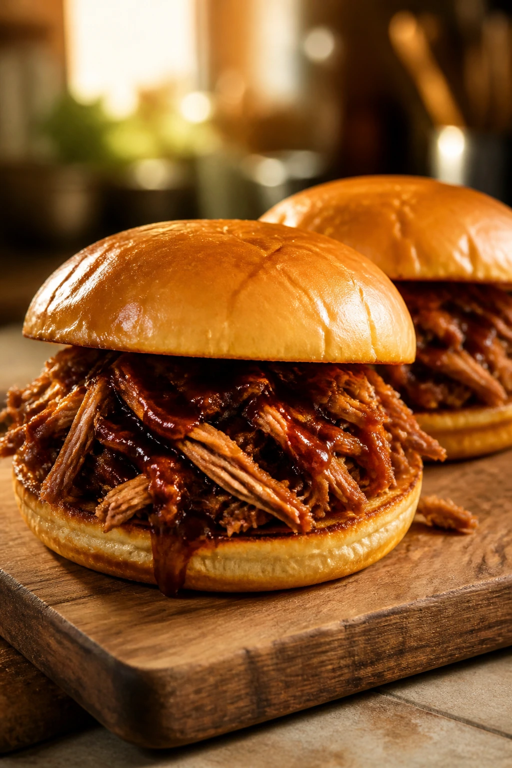 Close-up of BBQ pulled pork sandwiches with glossy sauce on rustic board