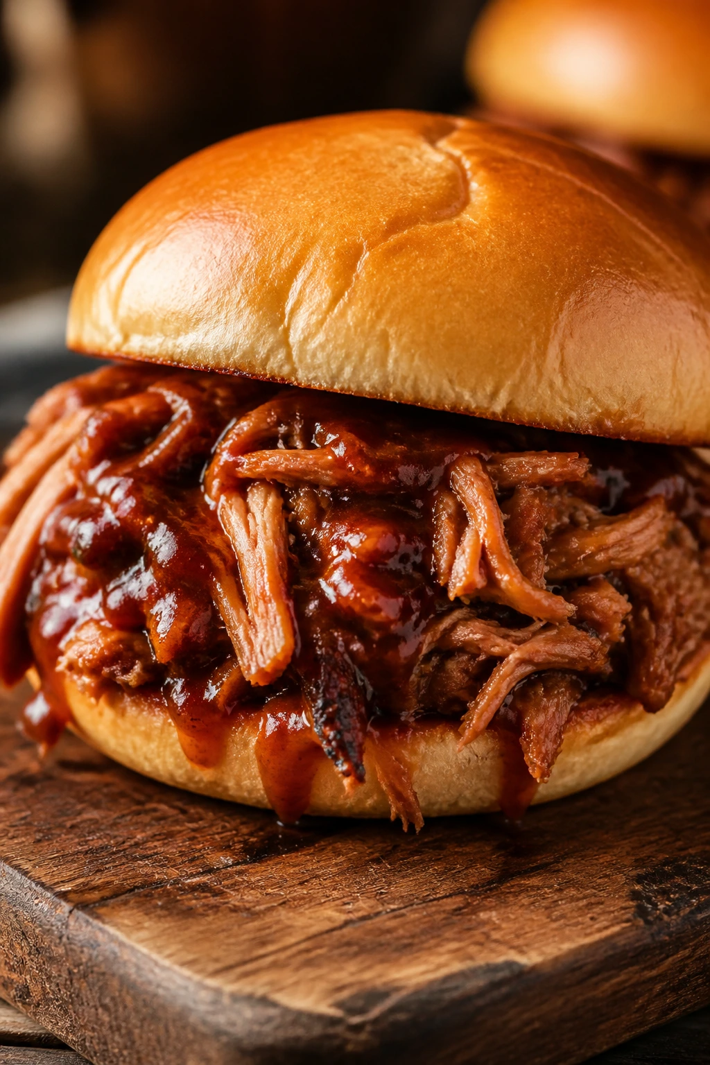 Close-up of a juicy BBQ pulled pork sandwich on a wood cutting board