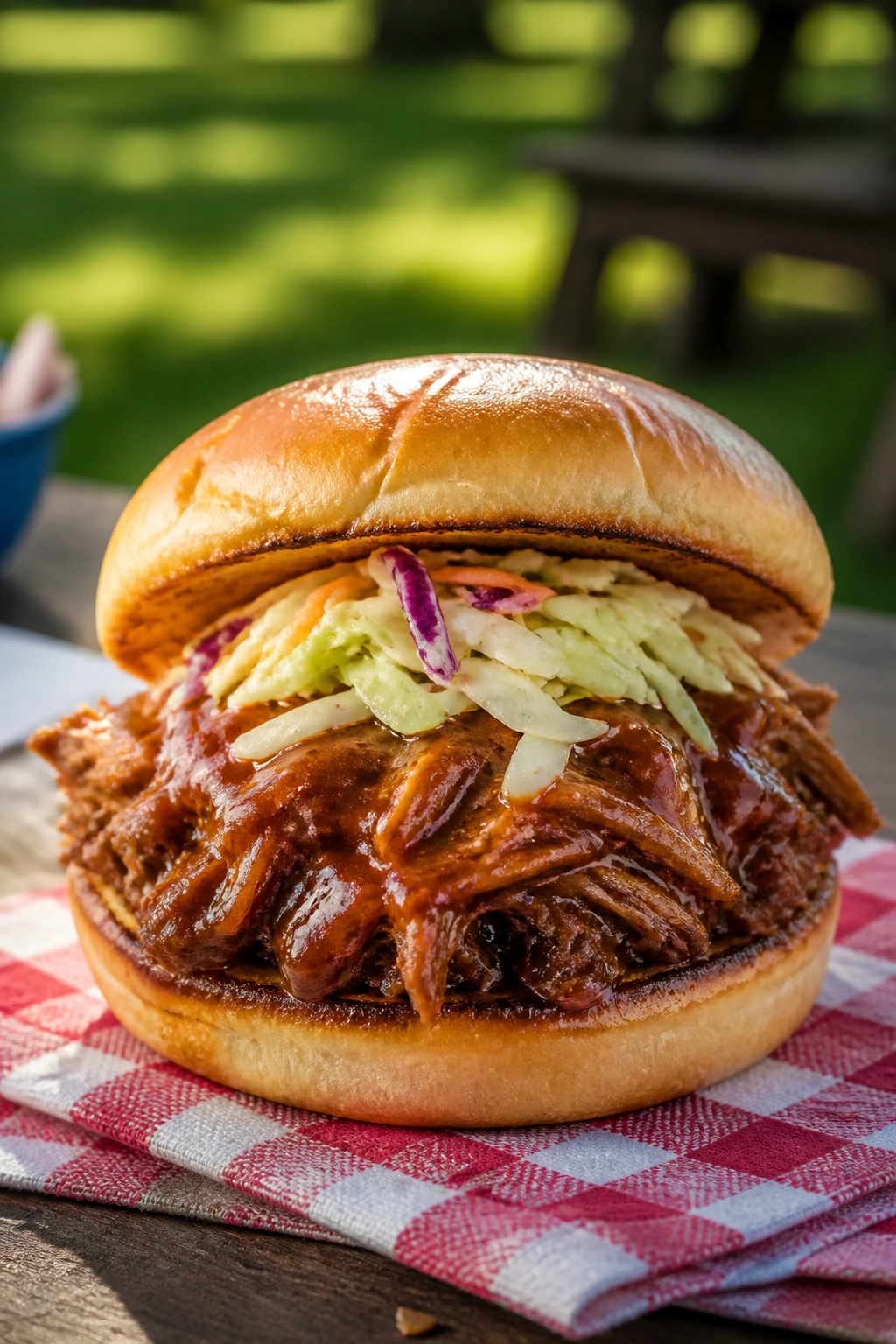 Pulled pork sandwich on brioche with slaw outdoors