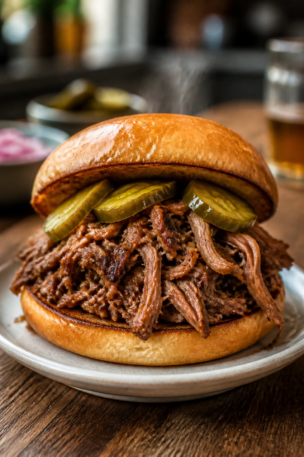 Pulled pork sandwich on brioche bun with pickles