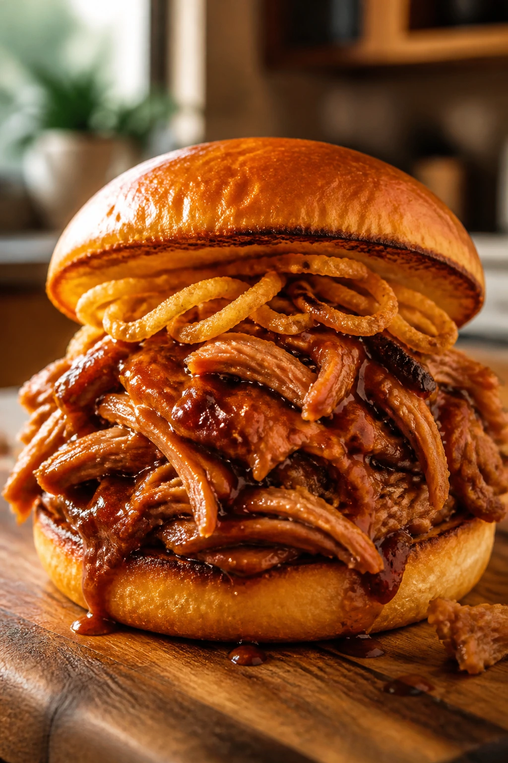 Juicy pulled pork sandwich on toasted brioche with glaze and onions in a warm kitchen.