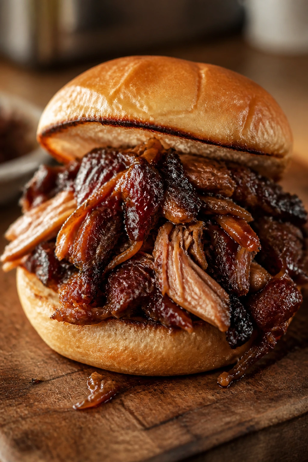Pulled pork sandwich with glaze and crispy edges on a toasted bun.