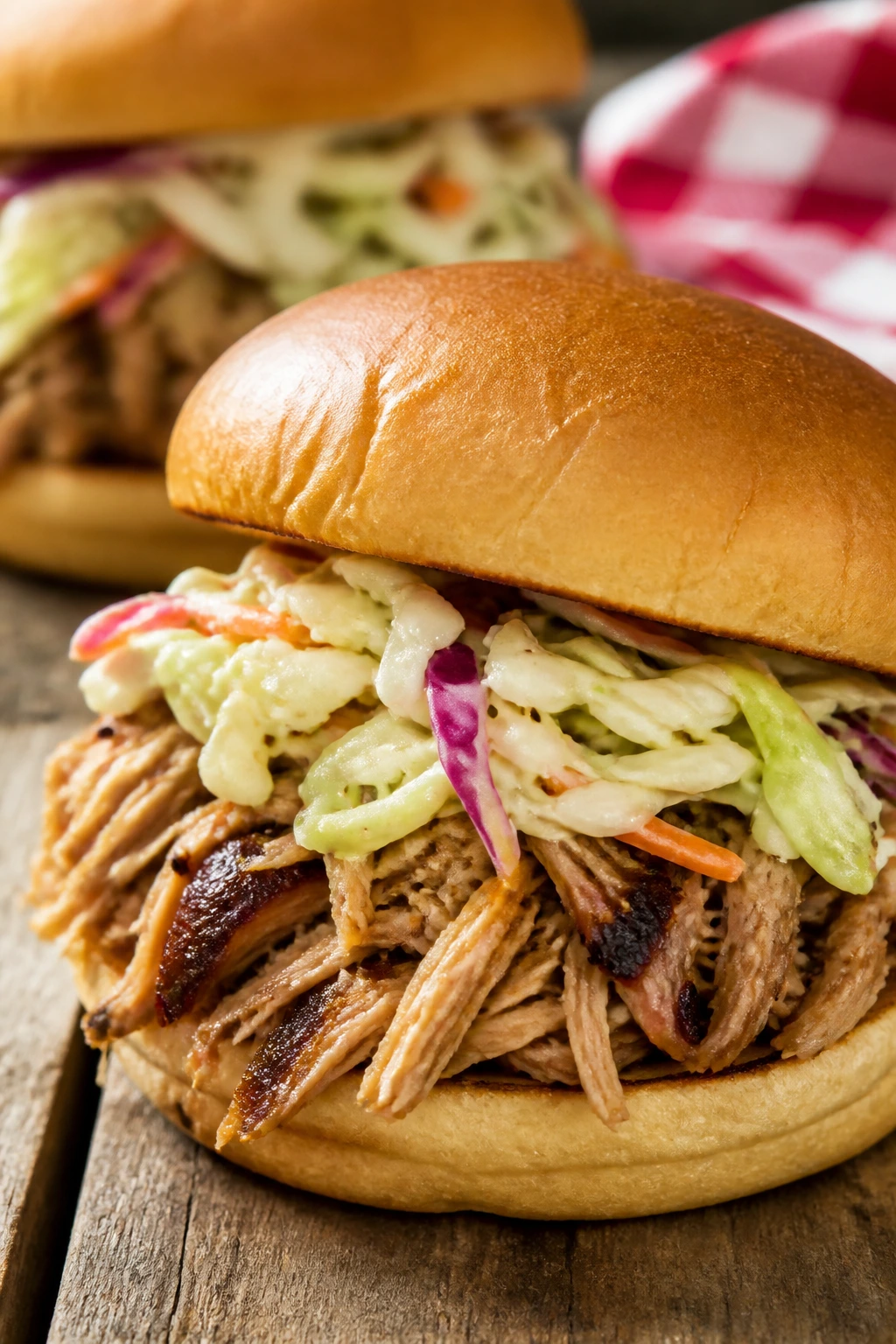 Close-up of Pulled Pork Sandwich with Vinegar Slaw