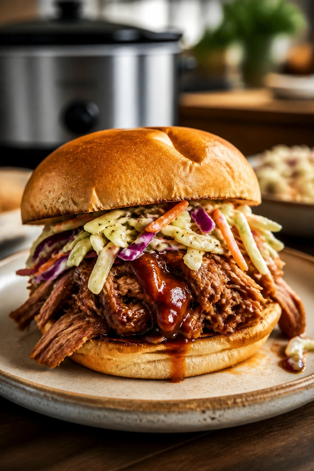 Close-up of classic pulled pork sandwich with tangy slaw on a toasted bun.