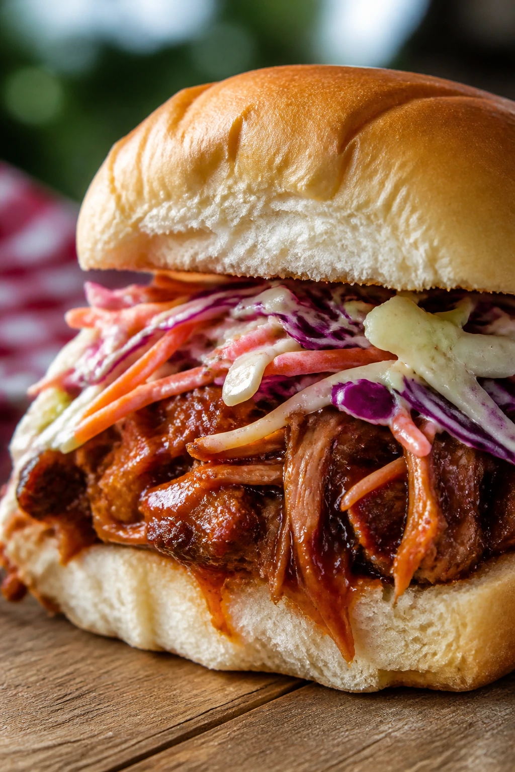 Pulled pork sandwich half with quick slaw on a bun outdoors