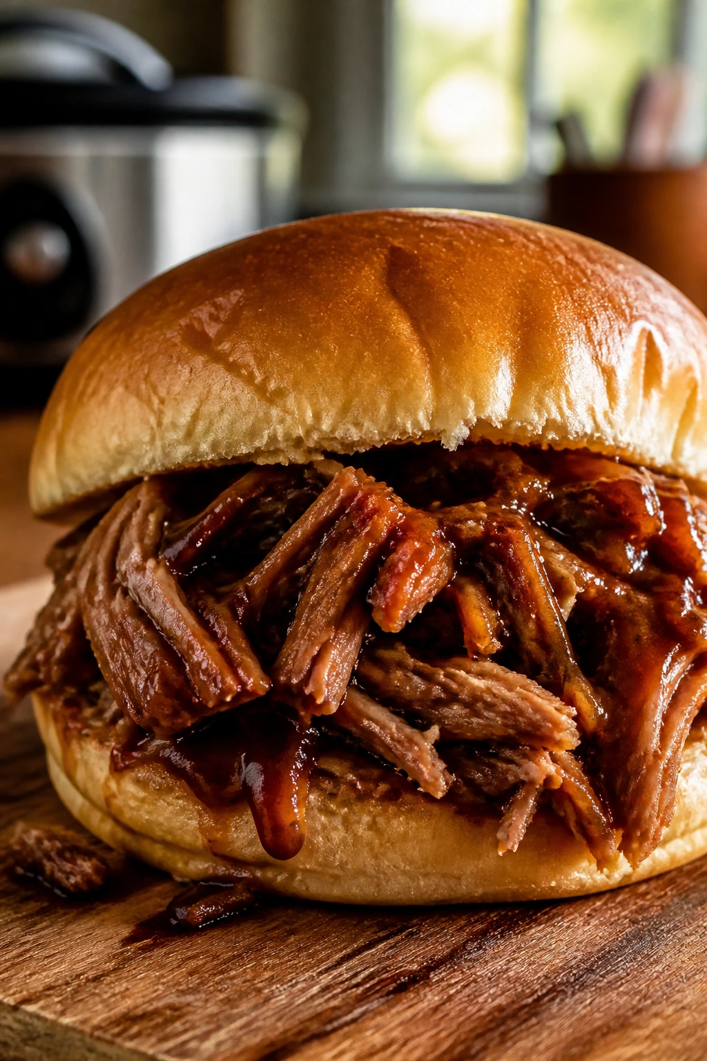 Juicy pulled pork sandwich with BBQ sauce on a bun
