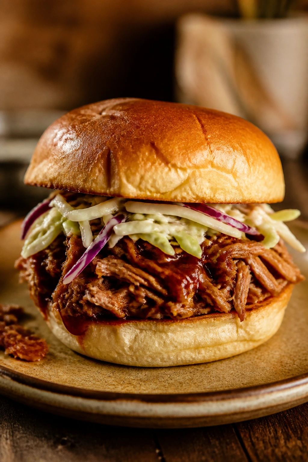 Pulled pork sandwich with tangy slaw on a rustic plate in a kitchen
