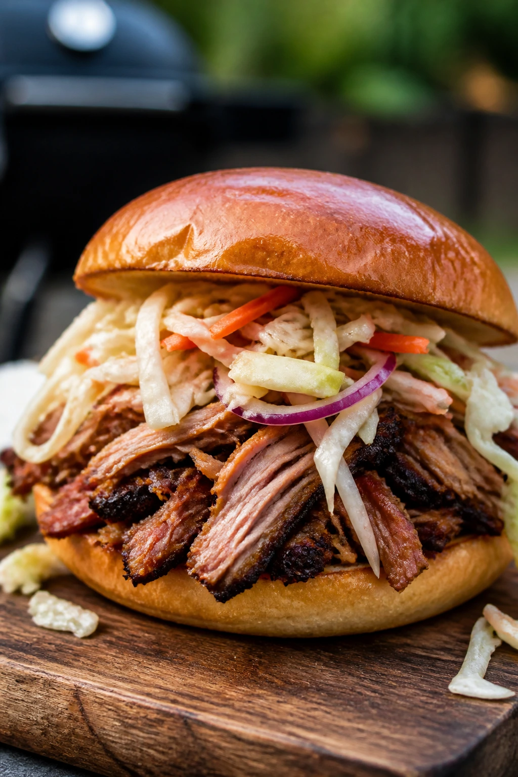 Close-up of pulled pork sandwich with vinegar slaw on a wooden board outdoors