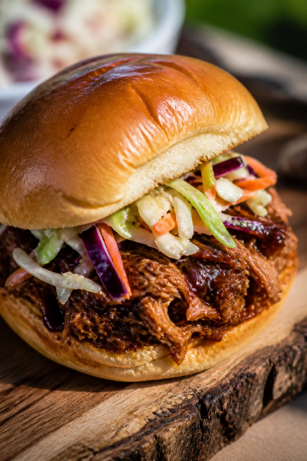 Close-up of pulled pork sandwich with vinegar slaw on bun