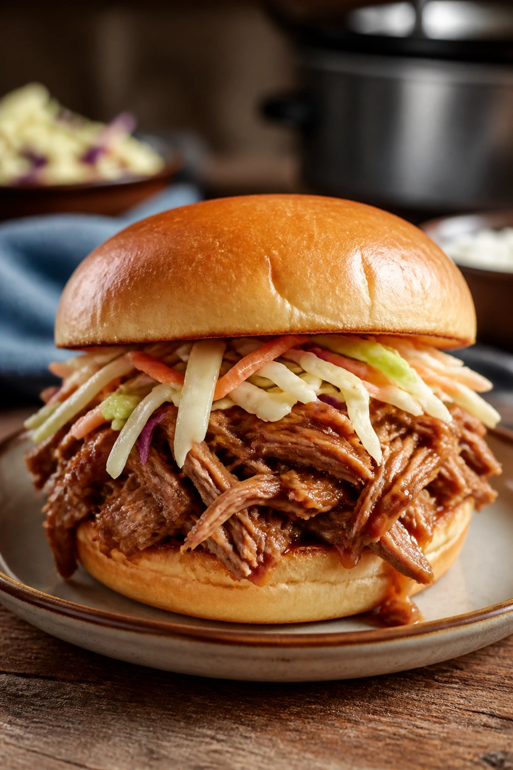 Juicy pulled pork sandwich on bun with light slaw on a plate