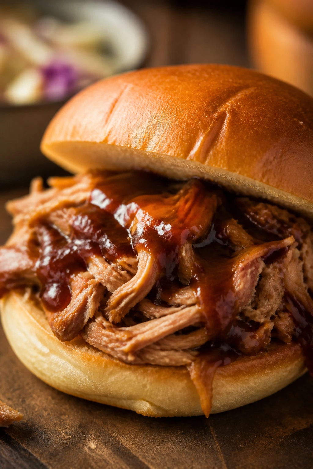 Juicy pulled pork sandwich with BBQ sauce on a bun
