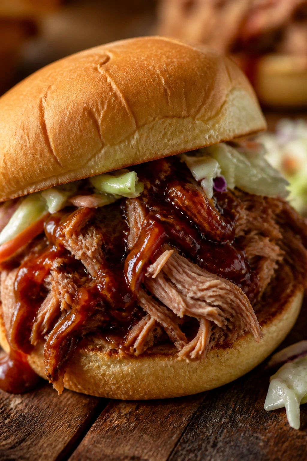 Juicy pulled pork sandwich with barbecue sauce on a bun.