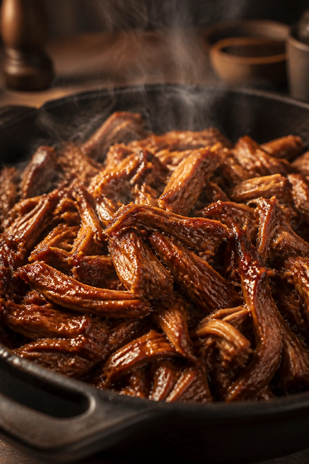 Shredded pork with glaze in a pan