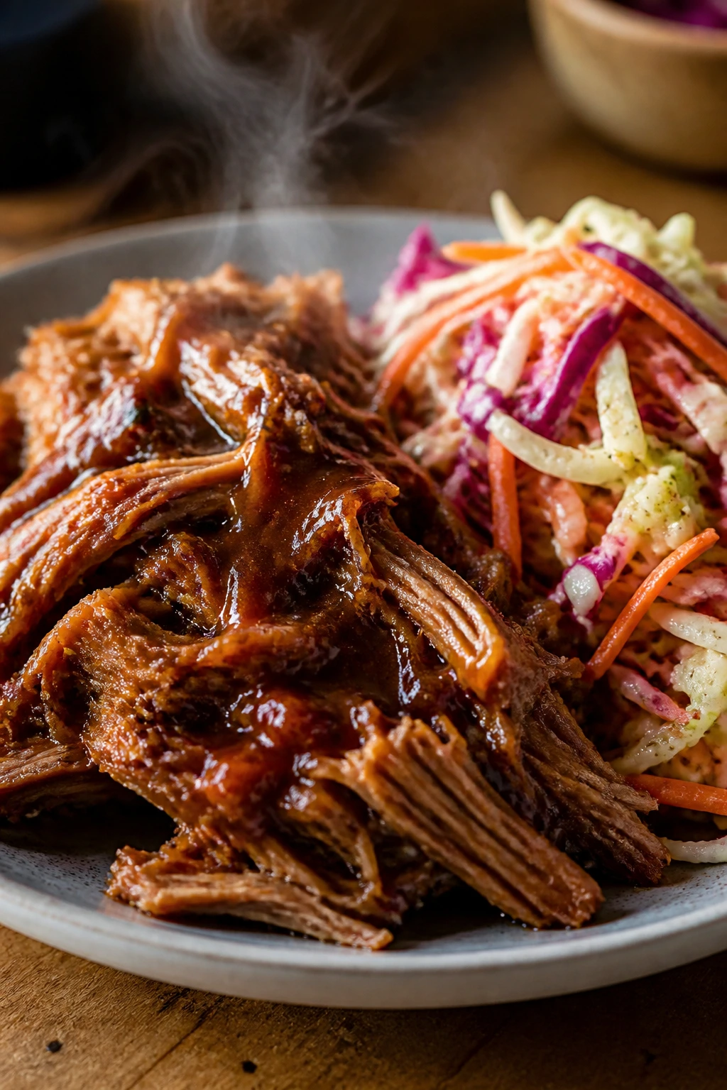 Close-up of pulled pork with tangy slaw on a plate, juicy texture and glossy sauce