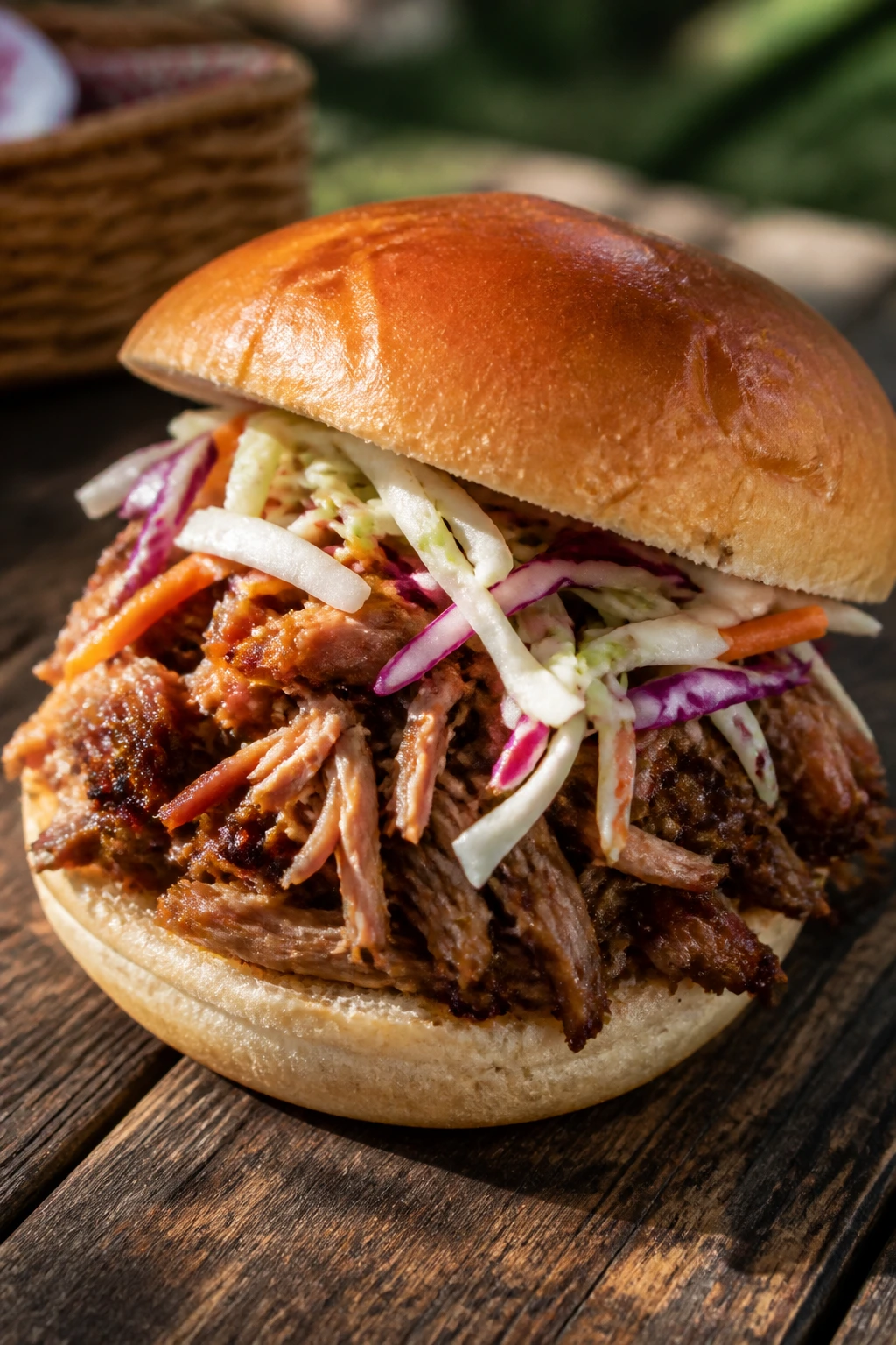 Close-up of pulled pork sandwich with vinegar slaw on a bun at a park picnic