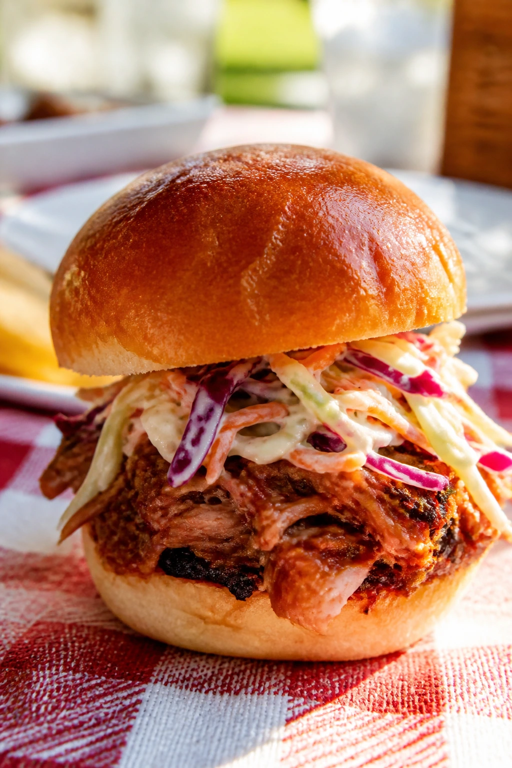 Pulled pork slider with bun and slaw outdoors