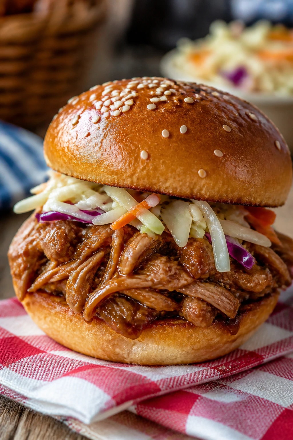 Close-up of a pulled pork slider with vinegar slaw