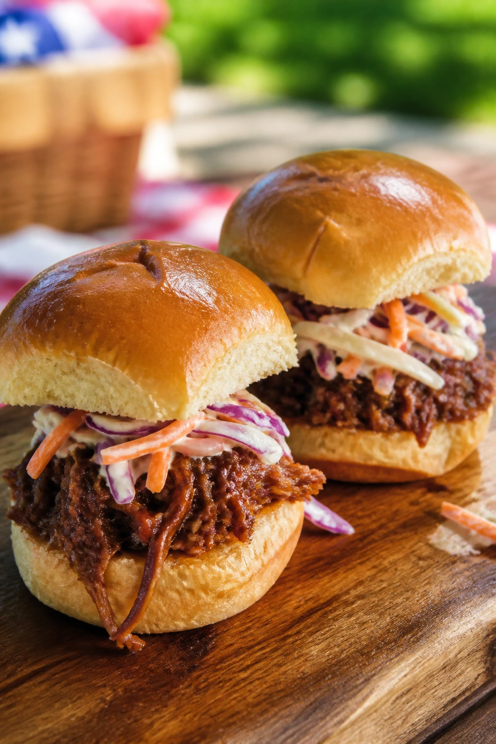 Close-up of pulled pork sliders with tangy slaw on a picnic board