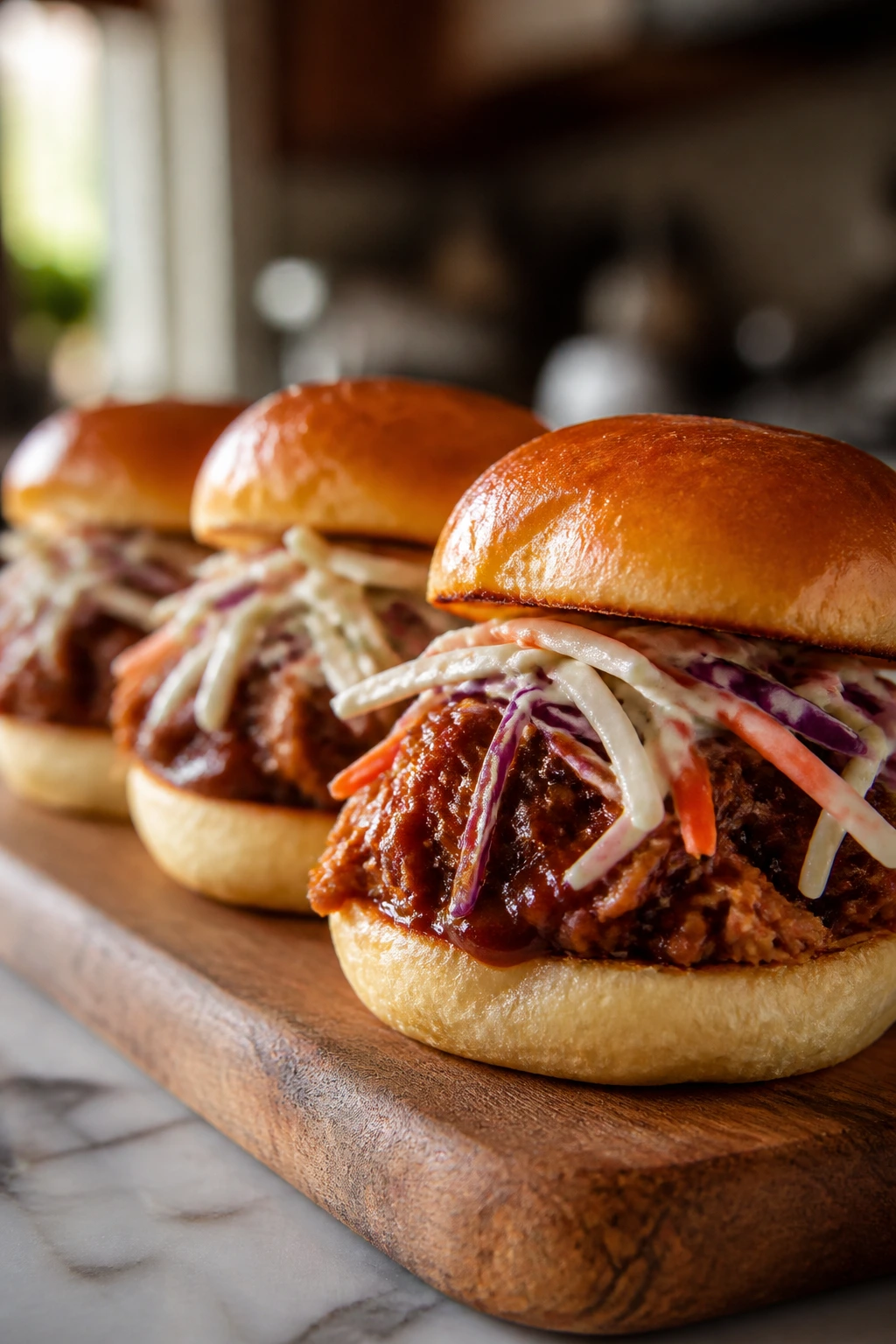 Row of pulled pork sliders on a wooden board