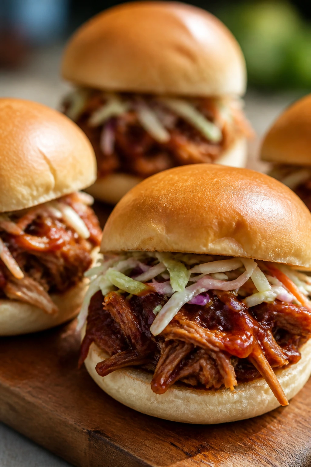 Close-up of smoky pulled pork sliders with sauce and slaw on a wooden board outdoors