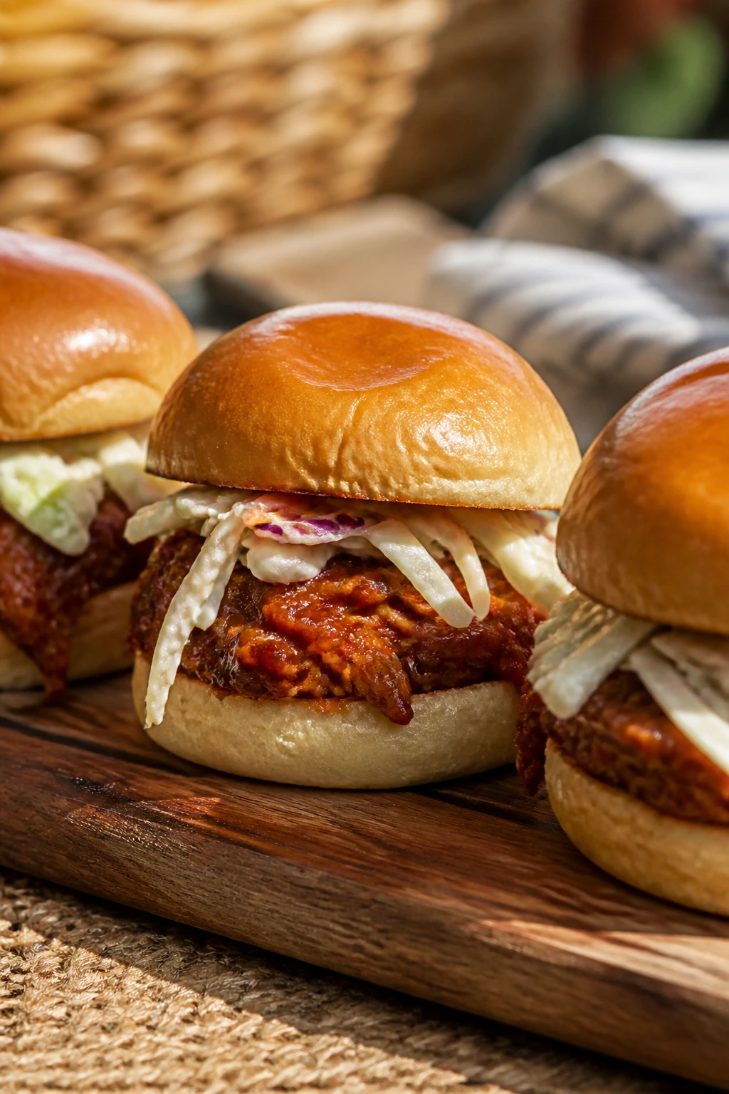 BBQ pulled pork sliders on a rustic board