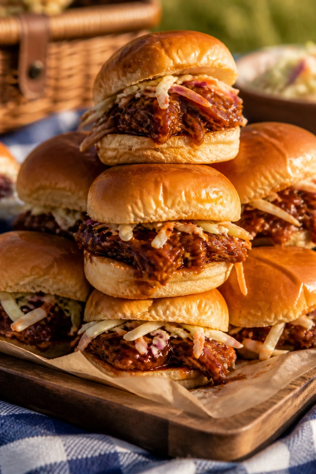 Close-up of BBQ pulled pork sliders on a wooden board