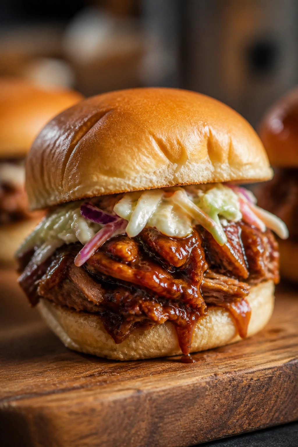 Close-up of a BBQ pulled pork slider with slaw